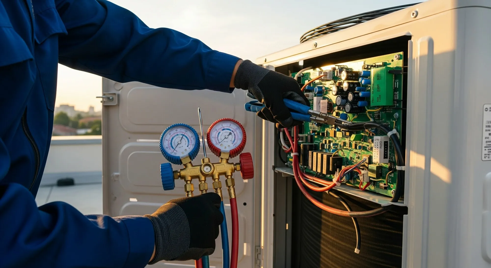 HVAC technician checking refrigerant pressures on an outdoor AC unit
