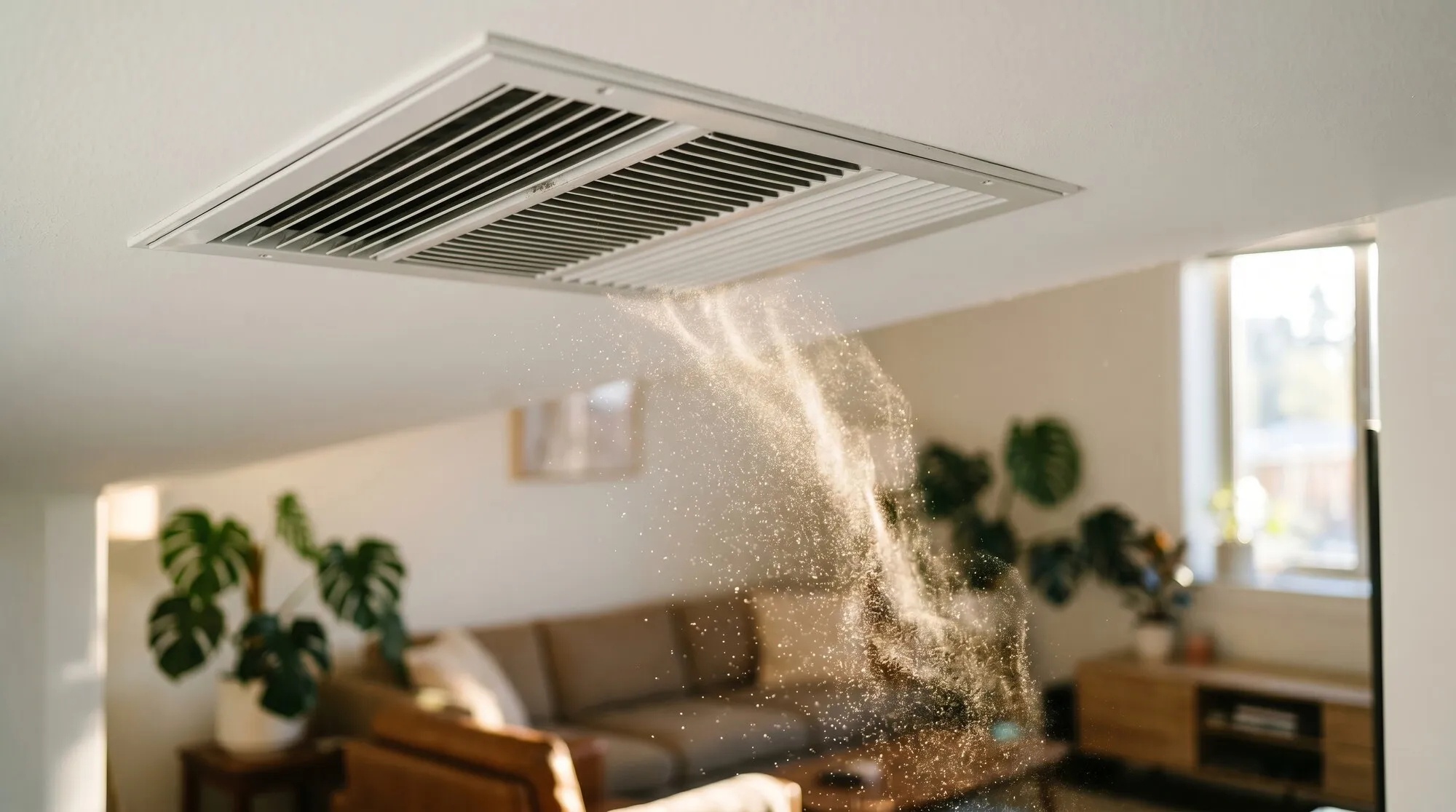 Dust and particles blowing out of a dirty ceiling air vent into a living room
